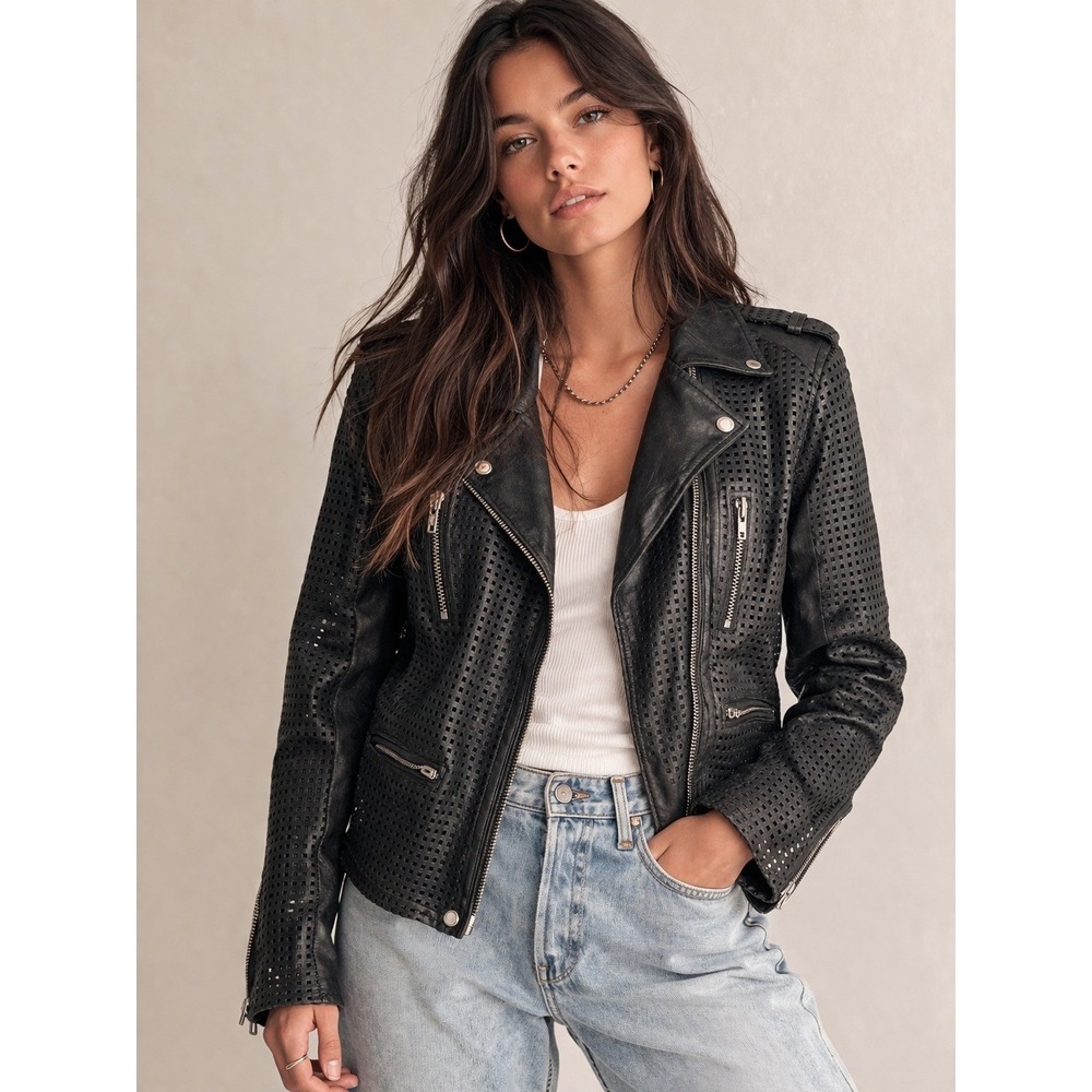 IRO Caelie Moto Jacket Women Size 1 Black Perforated Lamb Leather Biker Edgy
